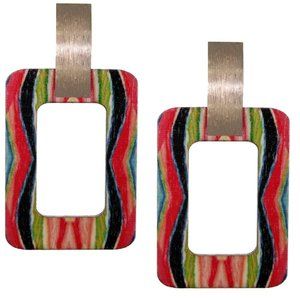 Red Multicolor Wavy Pattern Wooden Earrings